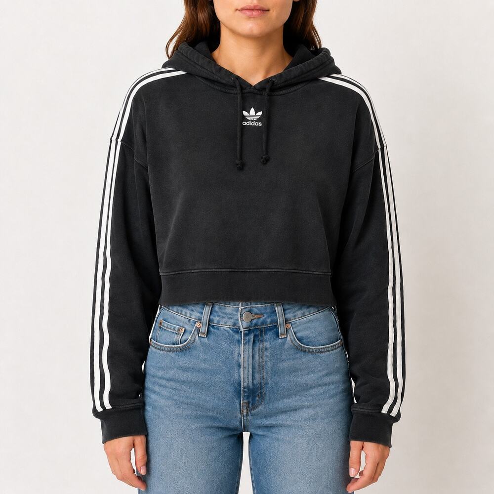 Adidas Originals Black 3 Stripe Cropped Hoodie Small